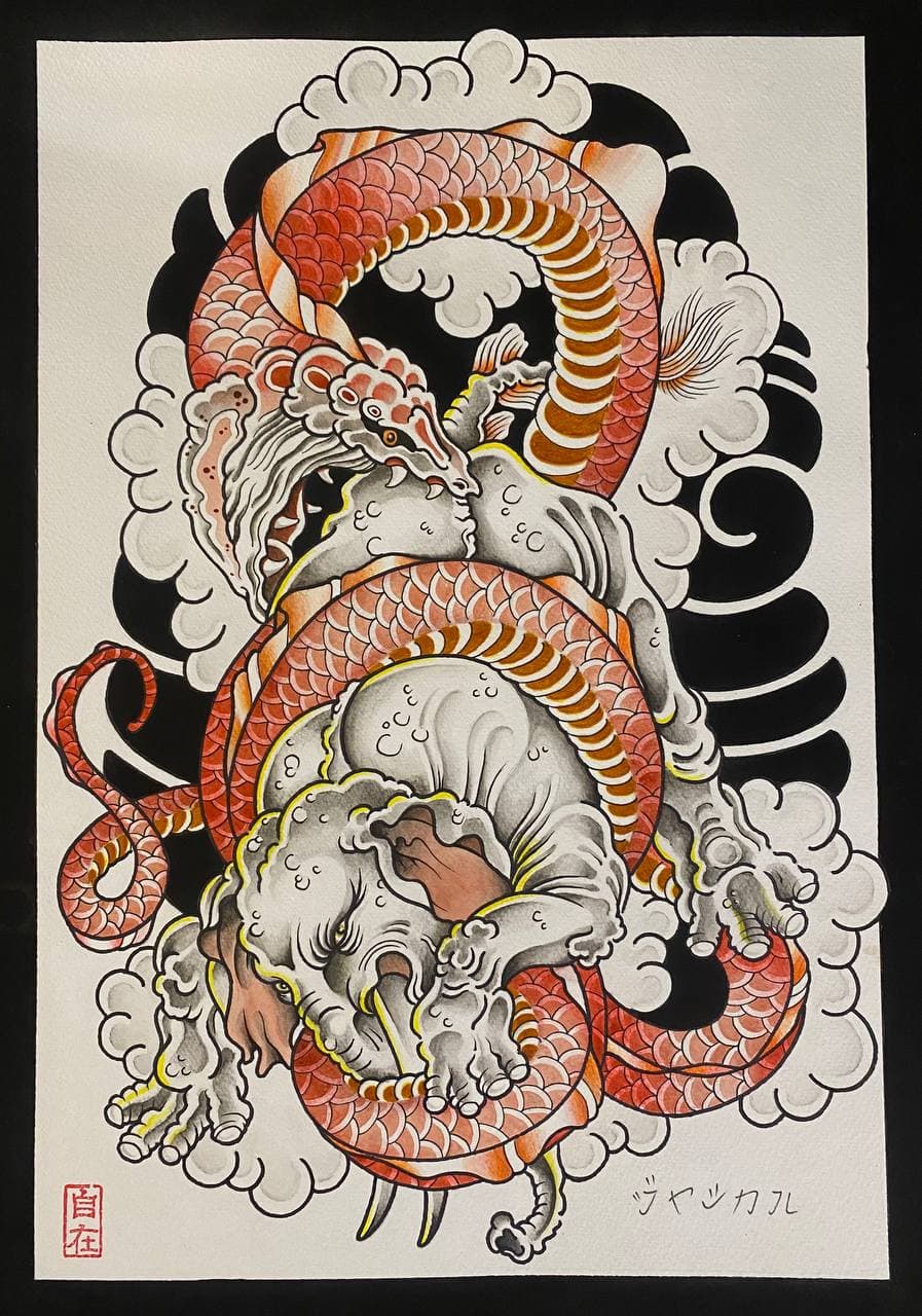 Elephant with a python. — flash tattoo sketch in the “Japanese” style