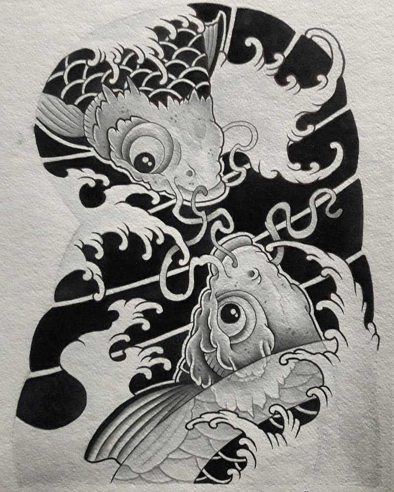 Communicating Koi. — flash tattoo sketch in the “Japanese” style