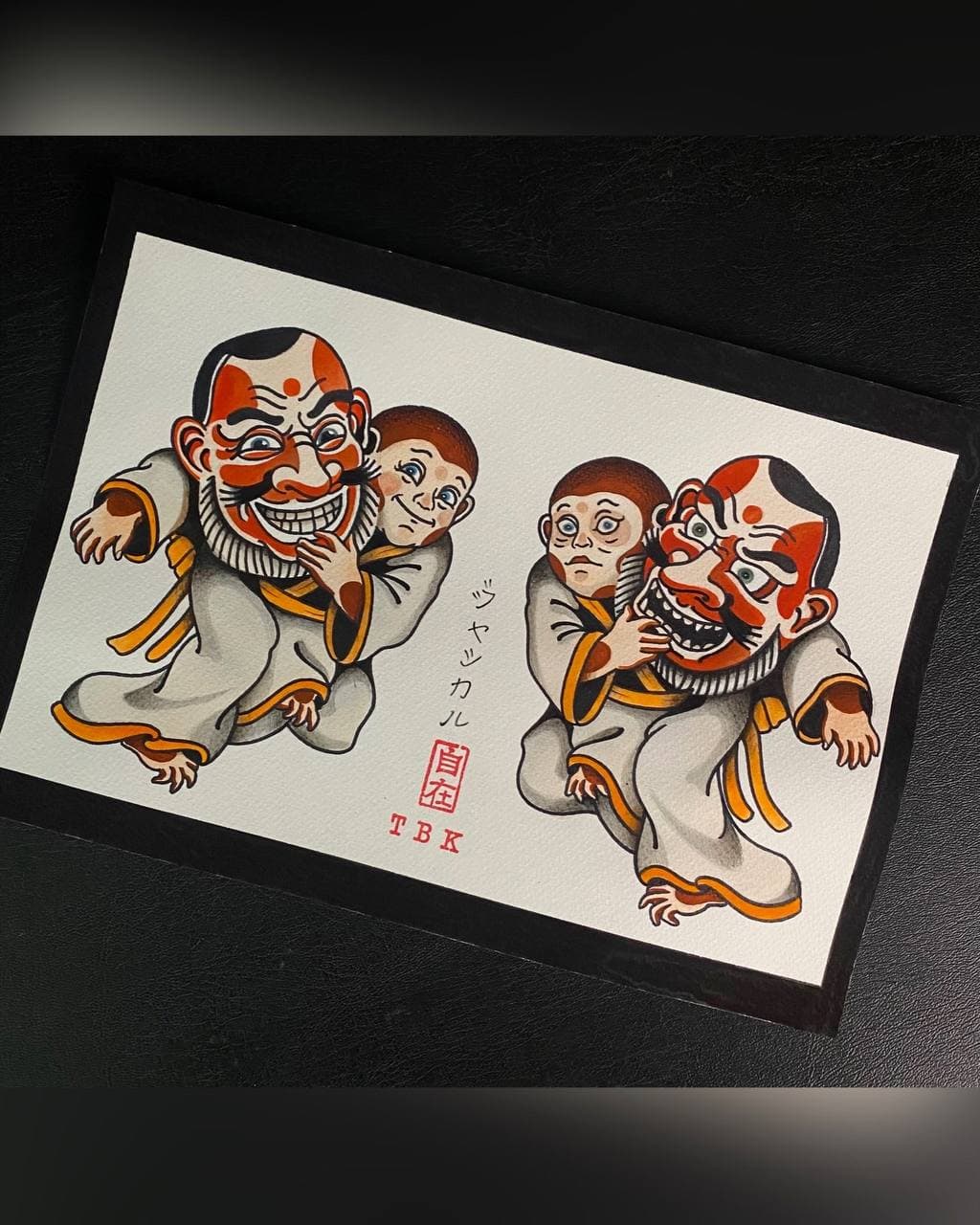 Monkeys with masks. — flash tattoo sketch in the “Traditional” style